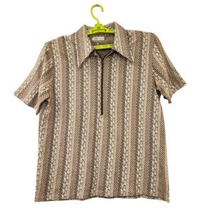 Vintage‎ XL Hartog Knit Polo Shirt 70s Mod Brown Geometric Stripe 1/4 Zip Retro
